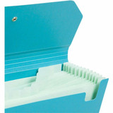 Close-up of expandable file folder compartments with blank tabs for document organization.