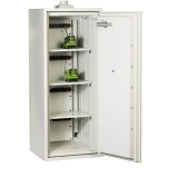 BSS6003 safe open, three vented shelves with internal power strips shown; chargers on two shelves.