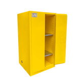 FireKing 60-gallon flammable liquid storage cabinet in yellow with doors open, adjustable shelves visible – NFPA 30 compliant