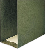 Close-up of the inside corner of a green Smead box-bottom hanging folder showing the square-bottom expansion