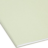 Close-up of a moss green Smead FasTab hanging file folder showing the smooth folder surface and reinforced edge detail.