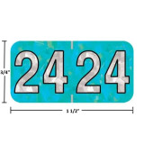Holographic year label “24”, Aqua, 3/4 x 1-1/2 in, wrap-around, center-slit, white digits, laminated.