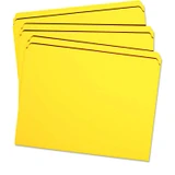 Four bright yellow Smead straight-cut end tab file folders fanned out in a stack.