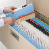 Hands placing an out guide into a drawer of straight-line blue file folders.