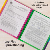 Open Smead 12-pocket poly project organizer laying flat with letter-size documents in bright pink and green pockets and spiral binding