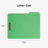 Green Smead letter-size fastener file folder with labels showing 9.5 inch height and 11.6 inch width.