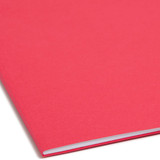 Close-up of the spine on a red Smead 17740 legal size fastener file folder, showing the 3/4 inch expansion in 11 pt paper stock.