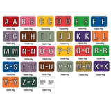 Barkley ABKM compatible alpha color-code filing labels showing letters A through Z, each letter assigned a unique color, arranged in a grid with corresponding package numbers.