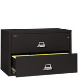 FireKing 2-4422-C black 2-drawer lateral file cabinet with open drawer showing front-to-back filing