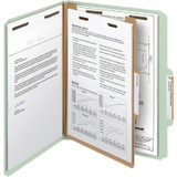 Gray green classification folder holding letter size documents secured with metal fasteners and interior divider