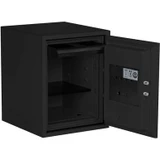 Interior view of the black Phoenix 1233 Digital Fireproof Safe, 1.3 cu ft, with an open door showing the shelf and drawer, 1-Hour Rated, Compact Home and Office Safe