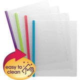 Clear poly report covers with colored sliding bar spines shown with easy to clean durable material