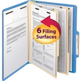 Blue classification file folder with two manila dividers and inserted documents, showing six filing surfaces for organized paperwork storage.