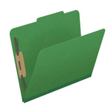 Low angled view of moss green pressboard top tab classification folder showing front panel, top tab, and bonded fastener