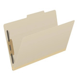 Angled view of legal size manila top tab classification folder with 2 inch expansion and bonded fastener
