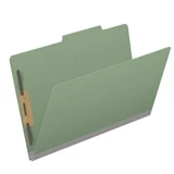 Angled view of green legal size top tab classification folder with bonded fastener and 2 inch expansion