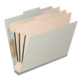 Angled view of a grey letter size top tab classification folder with three manila dividers and 3-inch gray Tyvek expansion.