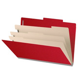 Side angle view of an open deep red legal size top tab classification folder showing three manila dividers and expanding filing sections.