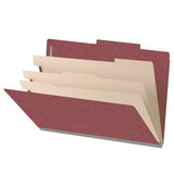 Side angle view of an open dark red legal size top tab classification folder showing three manila dividers and expanding filing sections.