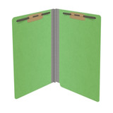 Open green legal-size end tab pressboard fastener folder with two bonded fasteners