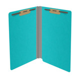 Open light blue legal-size end tab pressboard fastener folder with two bonded fasteners