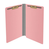 Open pink legal-size end tab pressboard fastener folder with two bonded fasteners
