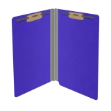 Open purple legal-size end tab pressboard fastener folder with two bonded fasteners