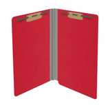 Open red legal-size end tab pressboard fastener folder with two bonded fasteners