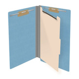 Open blue legal-size 1-divider end tab classification folder with fasteners and manila divider