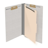 Open gray legal-size 1-divider end tab classification folder with fasteners and manila divider