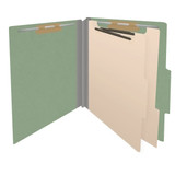 Open green letter size pressboard top tab classification folder with two dividers and metal fasteners