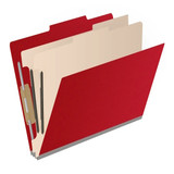 Deep red letter-size top tab classification folder shown closed with top tab and gray Tyvek expansion.