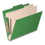 Moss green top tab classification folder shown open from an angled view with two manila dividers and metal fasteners.