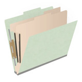 Pale green top tab classification folder shown open from an angled view with two manila dividers and metal fasteners.