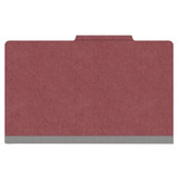 Front view of closed dark red legal-size top tab classification folder