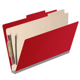 Open deep red legal-size classification folder showing two internal dividers and document fasteners