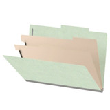 Open pale green legal-size classification folder with two manila dividers and metal fasteners