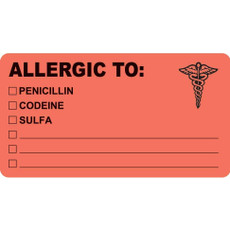 Allergy Labels, Allergic To, 4 x 2-1/2, Fl. Red, 100/RL (MAP488)