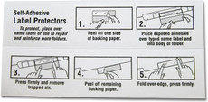 Step-by-step instructions for applying self-adhesive label protectors, showing how to peel off backing paper, apply the protector over a label, press firmly to remove air bubbles, and fold over the edge of the folder.