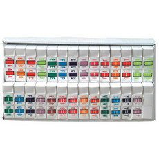 Full set of TAB Products TPAV Alphabetical Labels, featuring letters A through Z and Mc, neatly organized in a holding tray with fluorescent colors for selected letters for easy label dispensing.