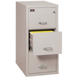 FireKing 2-Hour 3-Drawer Vertical File Cabinet, Letter Size, Platinum finish, open front view