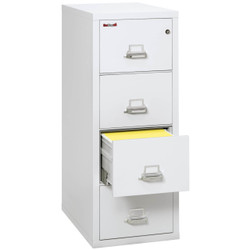 4-Drawer FireKing Vertical File Cabinet, Legal Size, Arctic White Finish – Drawer Open Showing Files