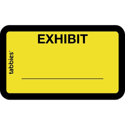 Tabbies yellow Exhibit legal label with black border and write-in line