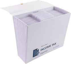 Angled view of Smead All-in-One Tax Organizer showing labeled expanding file pockets