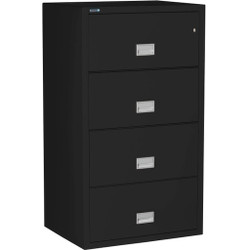 Black Phoenix 4-Drawer Lateral File Cabinet, 31 inches wide, 1-hour fireproof, with key lock and spacious drawer handles for easy access.