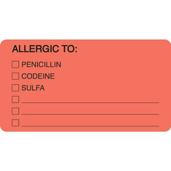 Allergy Labels, Allergic To Pen, 3-1/4 x 1-3/4, Fl. Red, 250/RL (MAP4900)