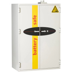 Battery Commander BSS6004 cabinet, double doors closed, yellow 'battery safe' stripe and hazard icon.