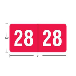 Smead-compatible ETS year label “2028” in red, single-face 1/2" x 1", polylaminated, permanent adhesive, 250 per pack