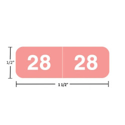 Ames AMYM year label, 2028, pink, 1/2" x 1-1/2", wraparound with white “28”; center-slit liner.