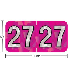 Holographic year label “27”, Fuchsia, 3/4 x 1-1/2 in, wrap-around, center-slit, white digits, laminated.